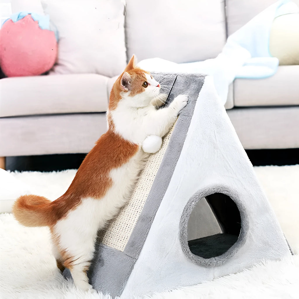 Grey and white triangular cat bed with sisal scratching posts on the sides.