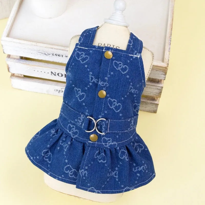 Small dog wearing thin denim princess dress with bracket skirt design for spring or autumn weather