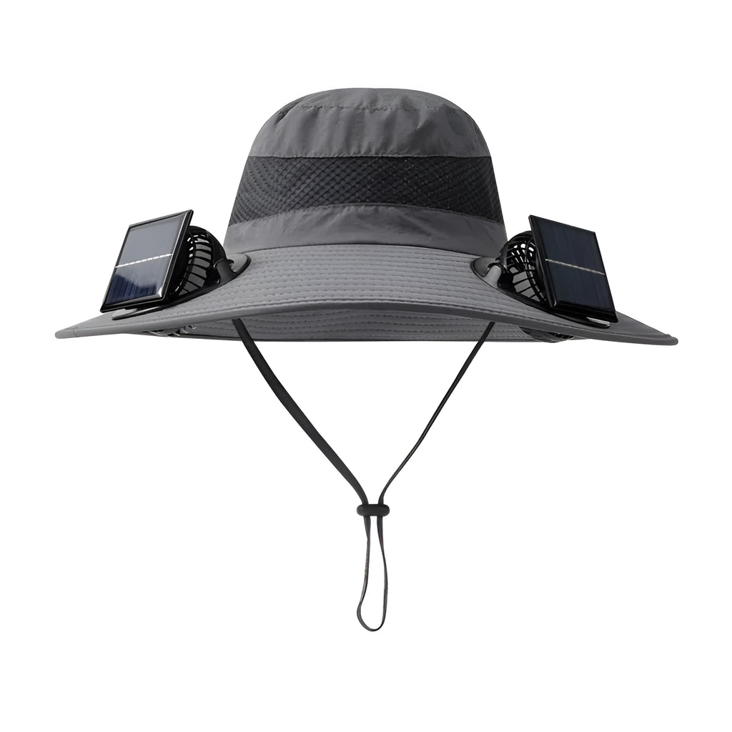 A beige solar-powered fan hat for men with a wide brim and a built-in fan on the front.