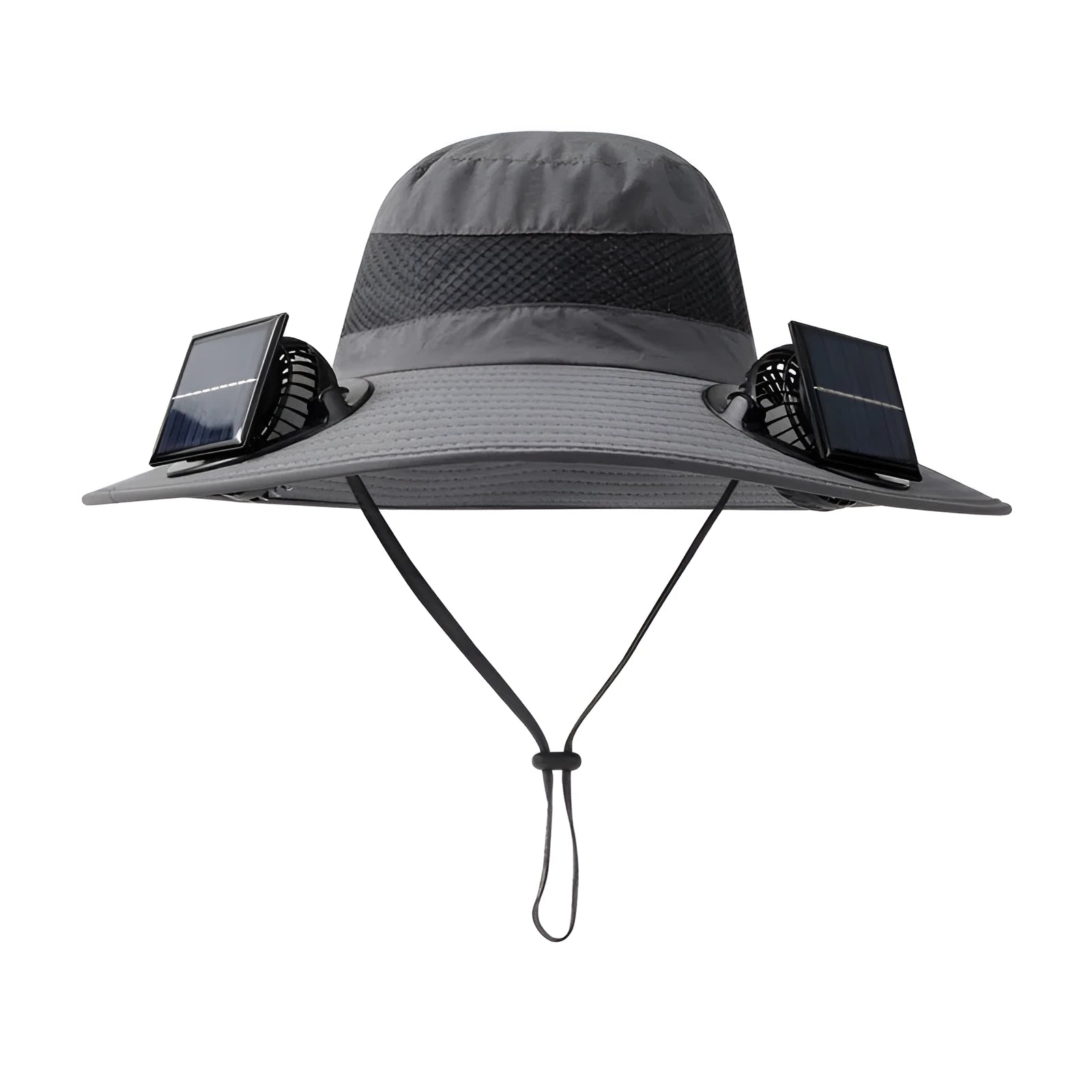 A beige solar-powered fan hat for men with a wide brim and a built-in fan on the front.