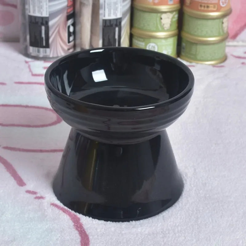 Black ceramic pet bowl with high foot neck protector for anti-tumble feeding