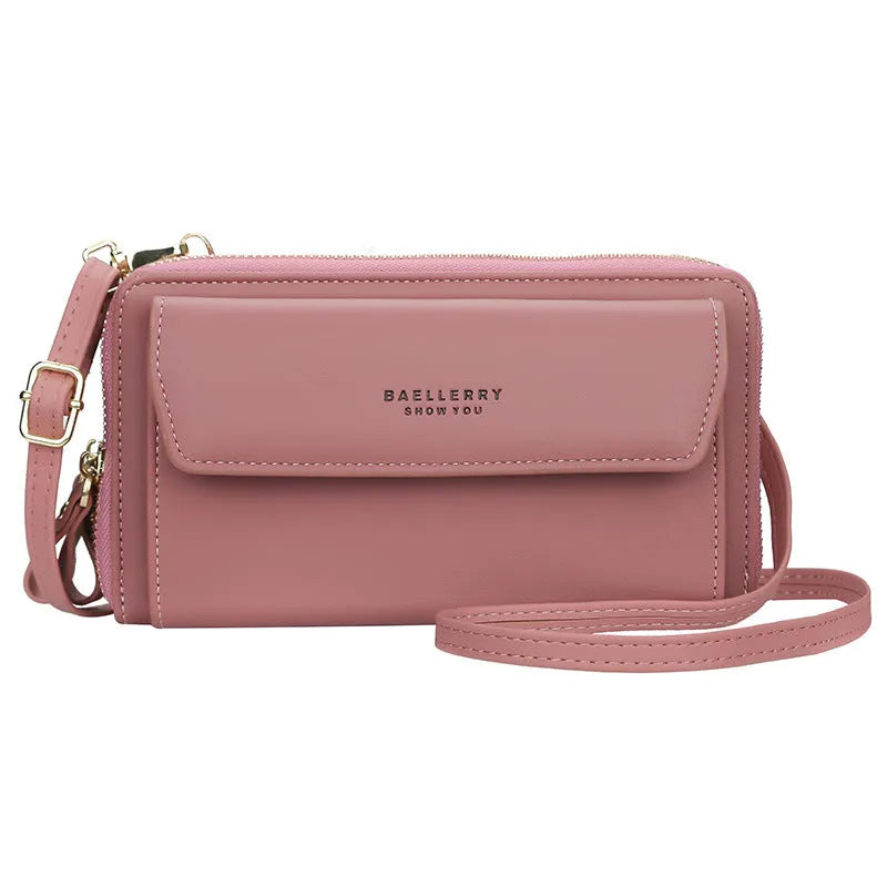 Women's soft PU leather long wallet with double zip, shown in multiple colours as a diagonal bag.