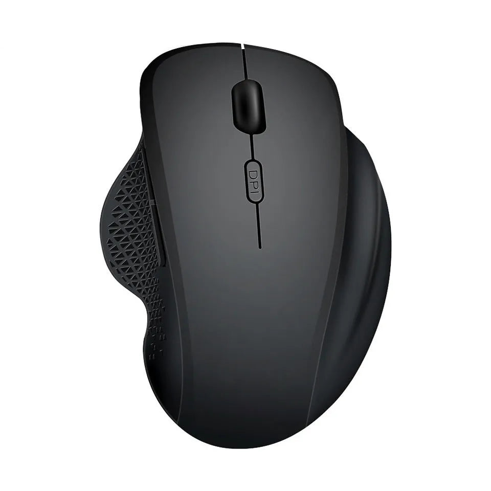 Black wireless laptop mouse with USB charging cable on grey background