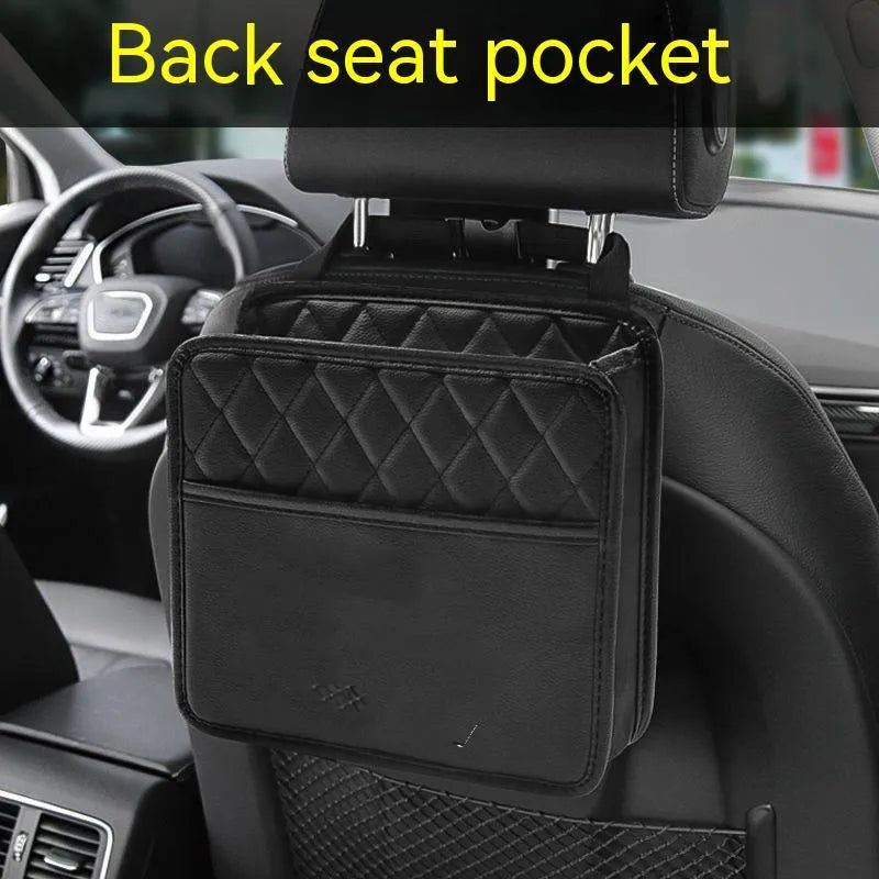 Leather hanging storage bag for car interiors in 25x25x8cm dimensions