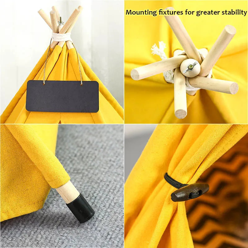 White portable pet teepee tent with striped pattern and cushion inside for small dogs or cats.