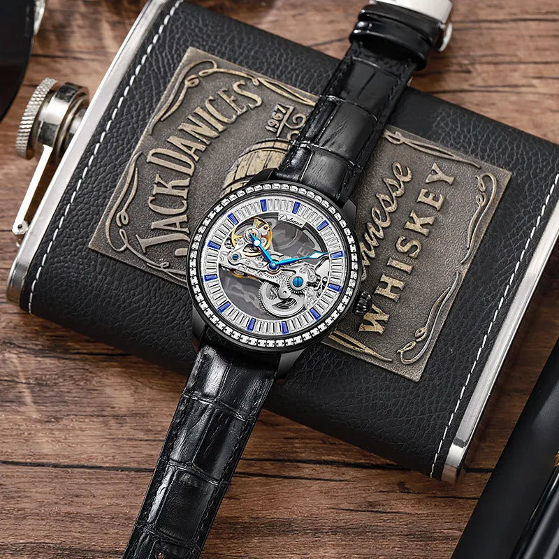Men's mechanical watch with transparent case back showing movement, onion crown and leather strap