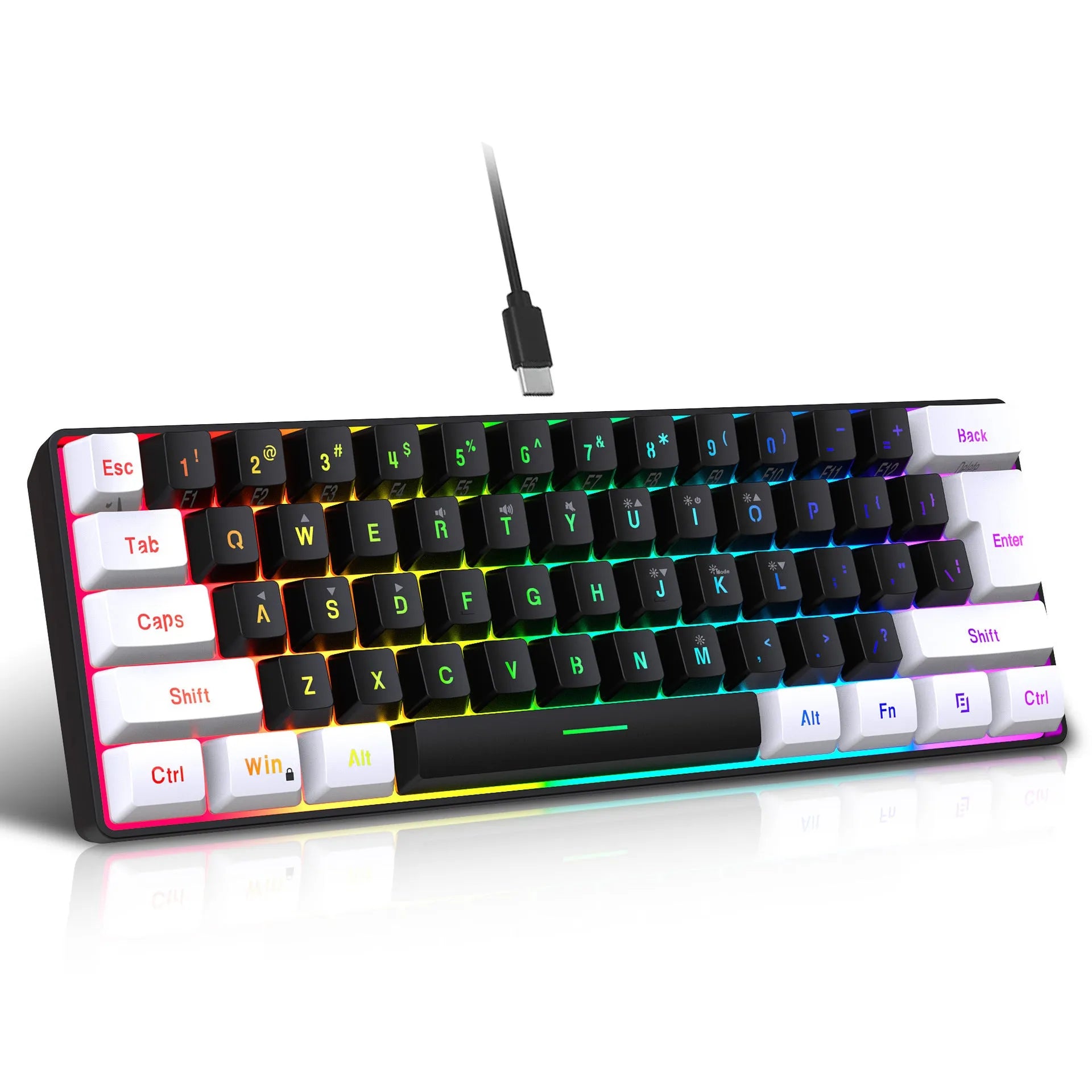 White and black wired 61-key membrane keyboard with compact 28.7cm width design
