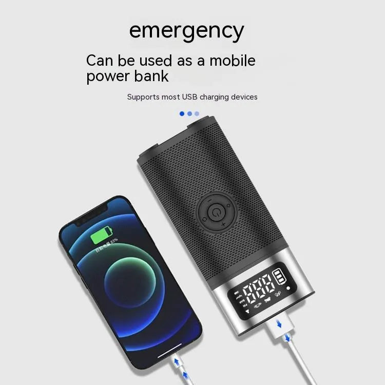 Black portable wireless air pump with USB charging cable and multiple nozzle attachments including bicycle, ball, and swimming ring connectors