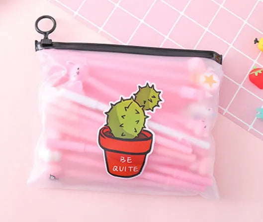 Twenty colourful cartoon cactus design 0.5mm black ink pens in plastic storage case measuring 21 by 17 centimetres