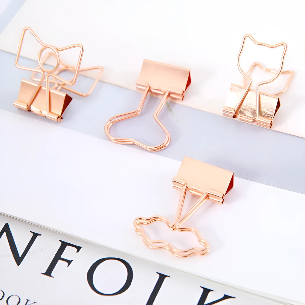 Creative gold-plated long tail paper clip with decorative top shaped like a bow, cactus, cat, flamingo, love, or cloud.