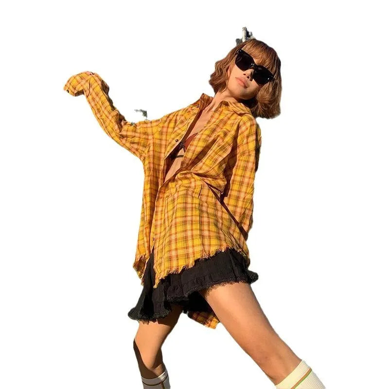 Yellow plaid cardigan shirt with loose fit and polyester blend fabric