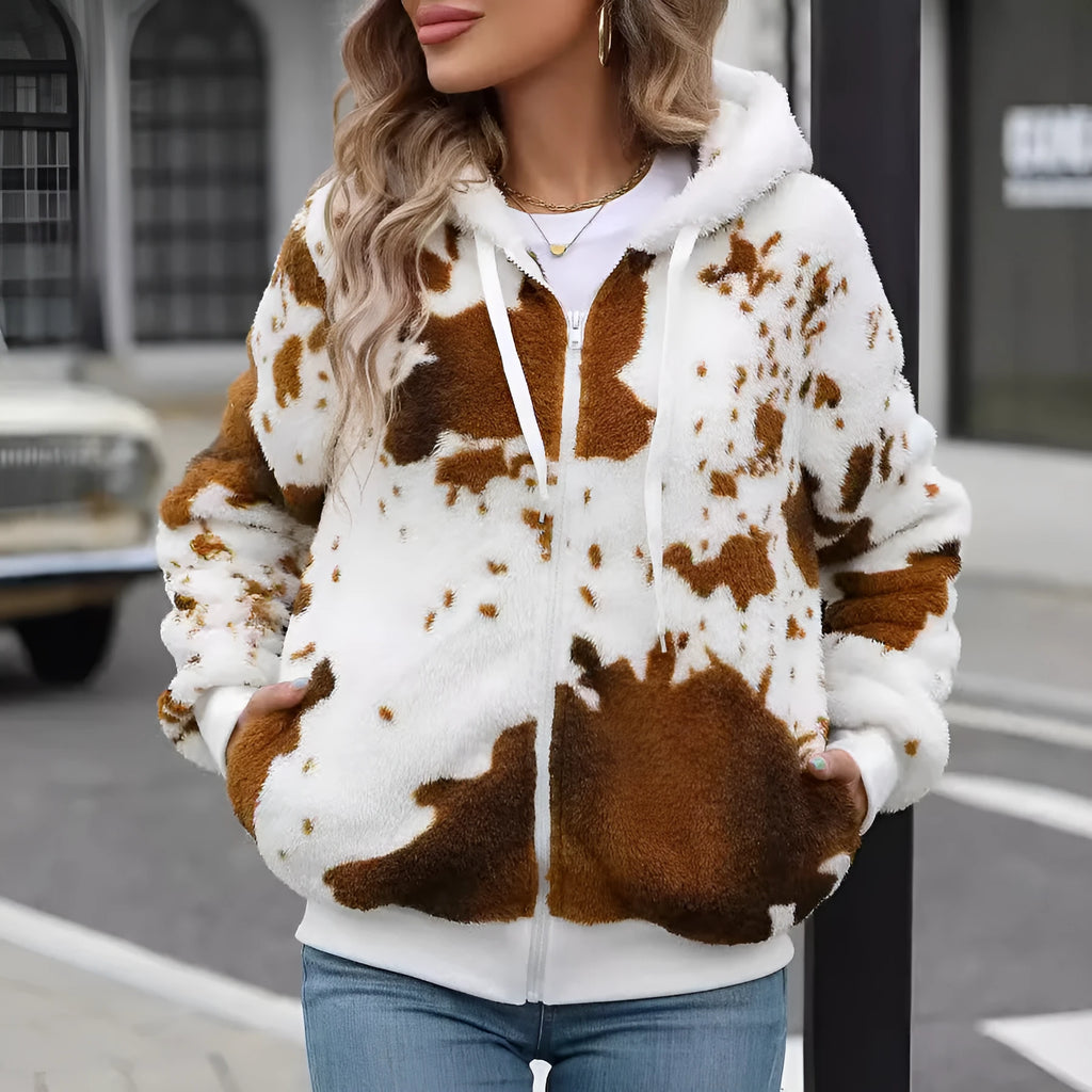 Yellow brown cow animal print hooded cardigan jacket with zipper and regular sleeves