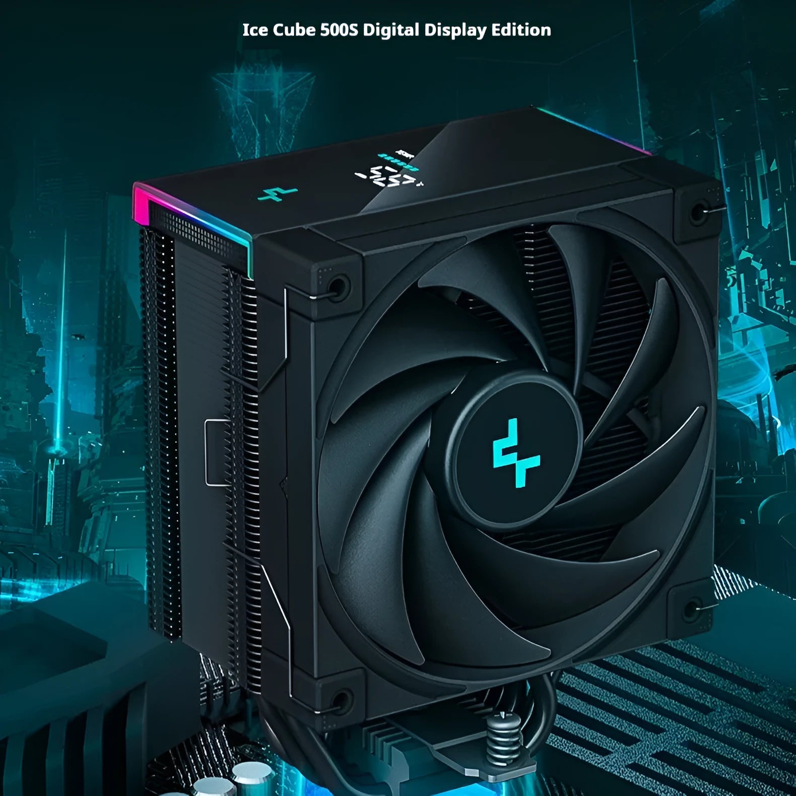 DeepCool twin tower CPU air cooler with digital temperature display on front, black and white colour options.