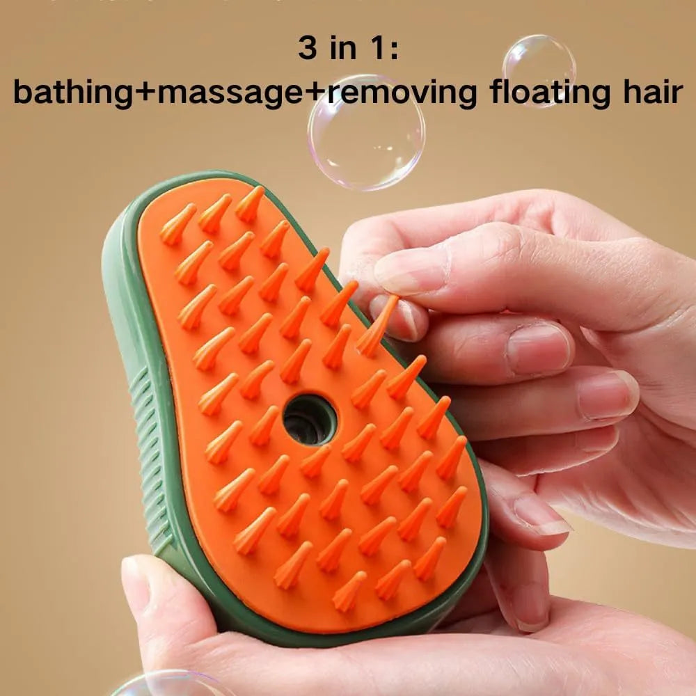 Green cat steam brush with water spray function and silicone teeth for pet grooming