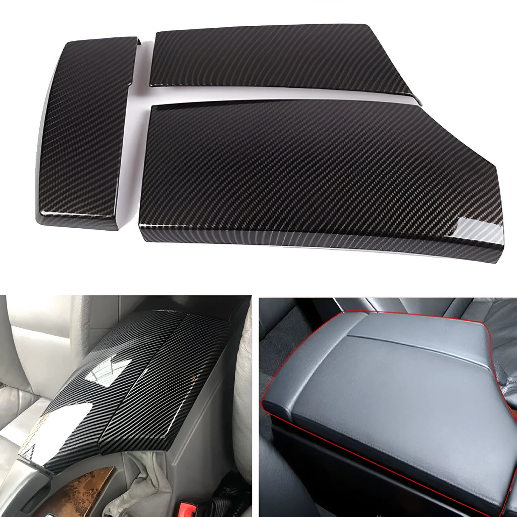 Three ABS carbon fibre pattern armrest box protective covers showing buckle attachment points