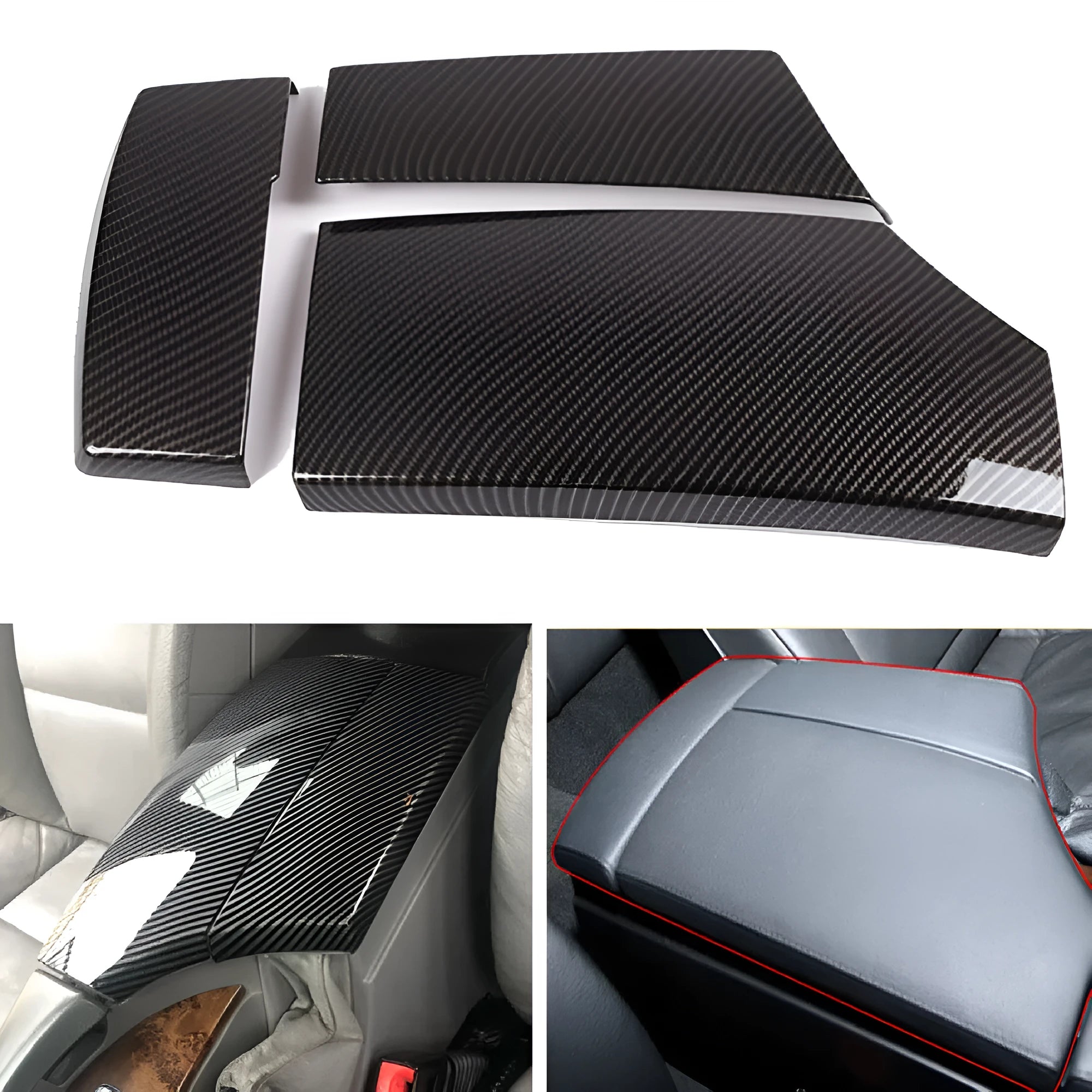 Three ABS carbon fibre pattern armrest box protective covers showing buckle attachment points