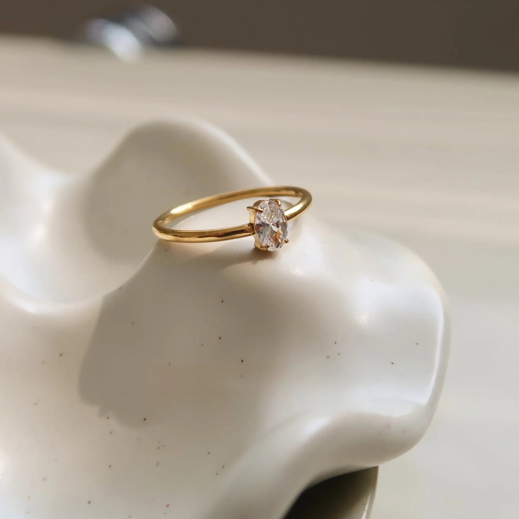Golden electroplated stainless steel ring with love heart and oval designs for women