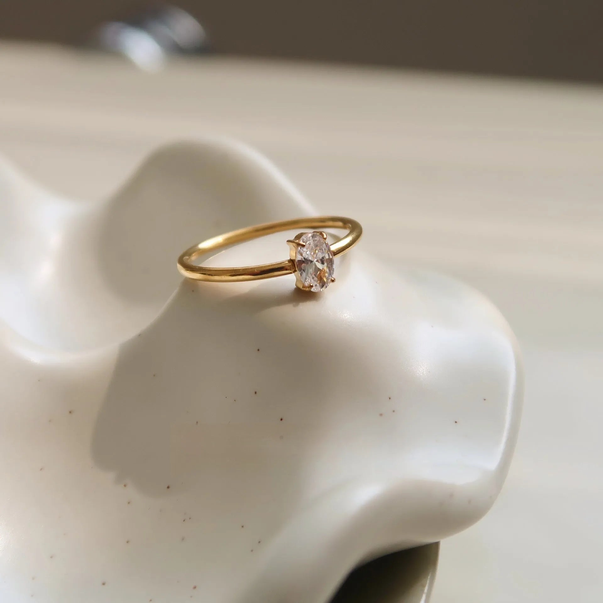 Golden electroplated stainless steel ring with love heart and oval designs for women