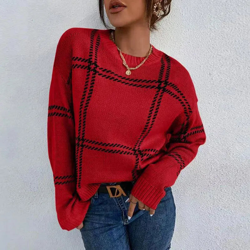 Women's casual plaid colour-block crew neck acrylic sweater in loose fit pullover style