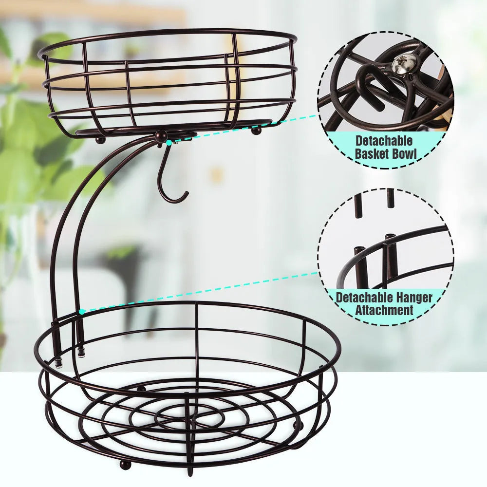 Black double-layer wrought iron fruit basket with open metalwork design