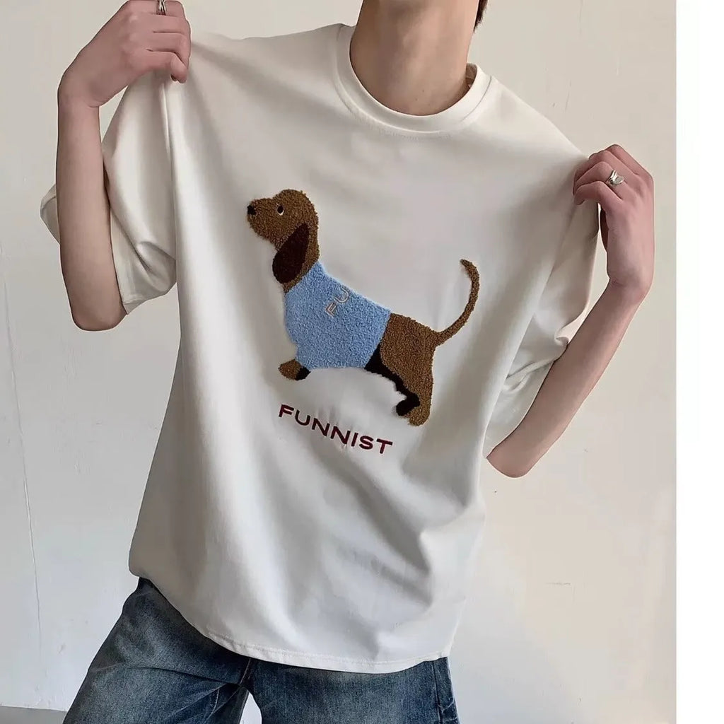 Men's grey T-shirt with embroidered sausage dog towel design on front, short sleeves and round neck