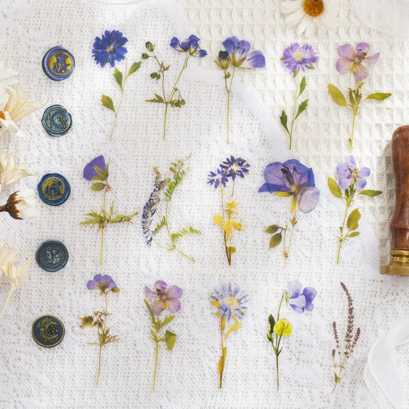 Creative dried flowers journal decoration sticker package showing 8 modern art styles on PET material, 70mm x 70mm size