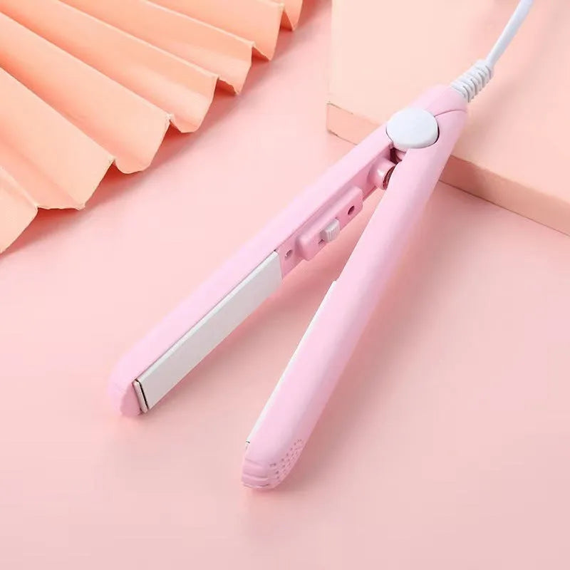 Mini hairdressing splint hair straightener in blue, pink, purple, white, or yellow with a storage box.