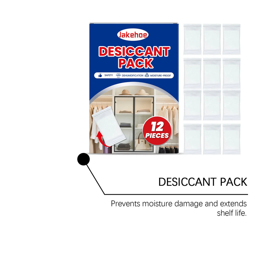 Pack of 12 white calcium chloride anti-odour desiccant bags for home moisture control.