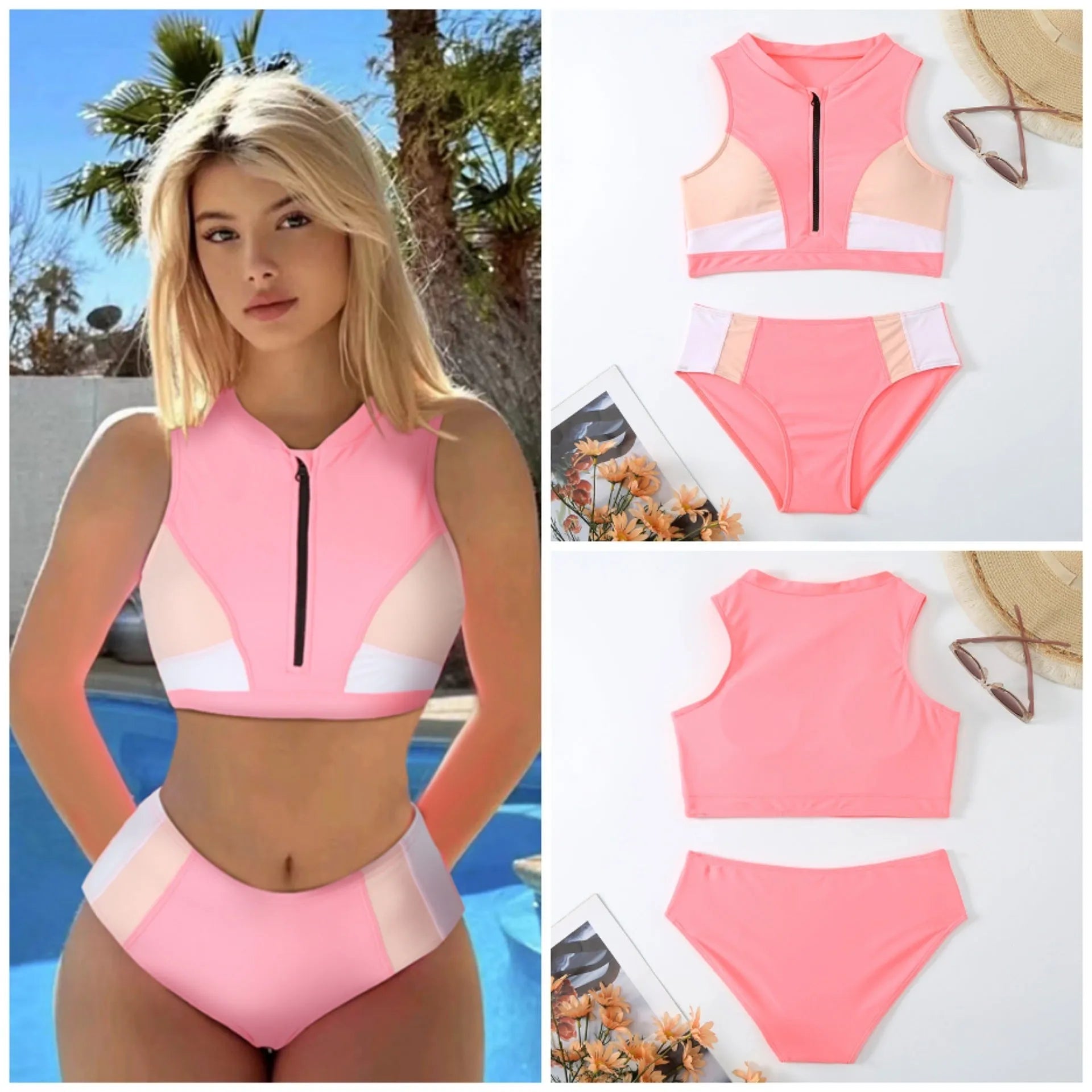 Solid pink high waist women's bikini swimsuit set with briefs style on a mannequin.