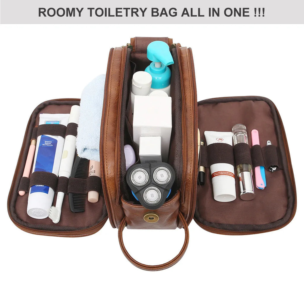 Men's black PU leather toiletry bag with zip, shown closed, dimensions 20cm by 10cm.
