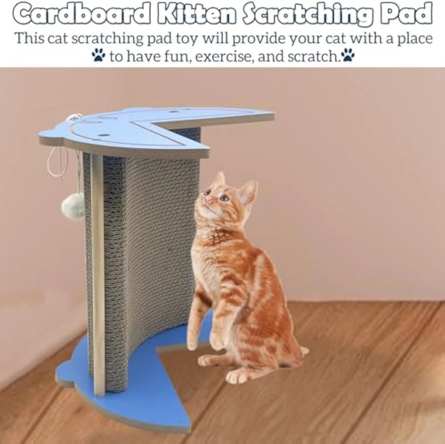 Corner-mounted cat scratching pad with hanging ball toy in grey cardboard