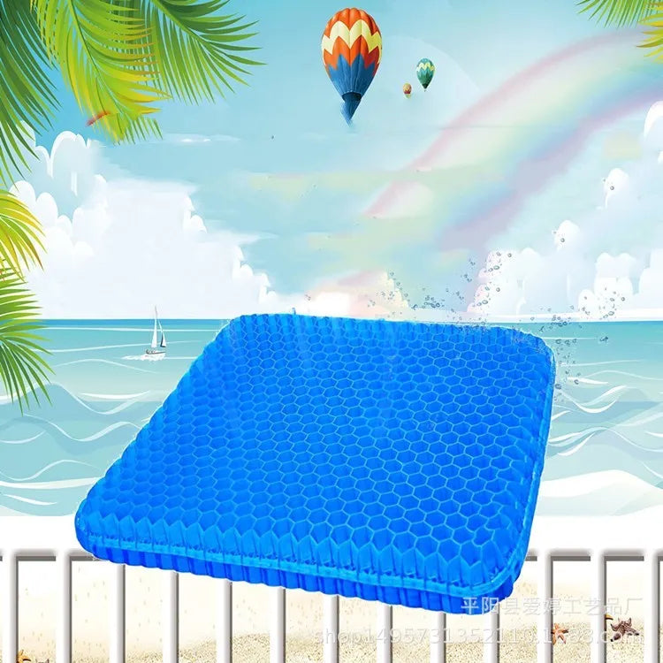 Gel seat cushion with honeycomb pattern showing removable PVC cover and anti-slip base