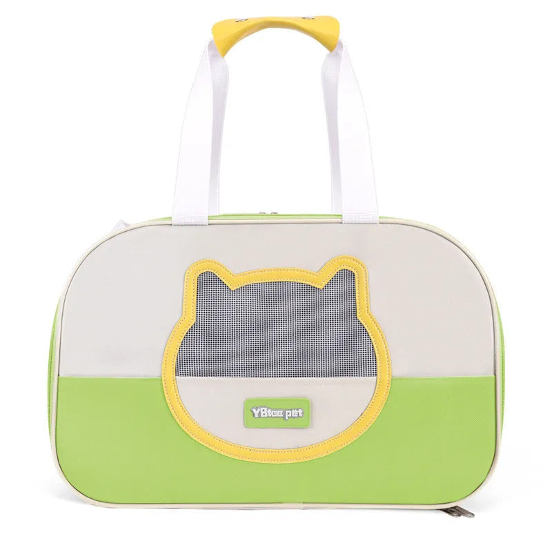 Blue outdoor portable foldable cat backpack with mesh panels, shown with a cat inside.