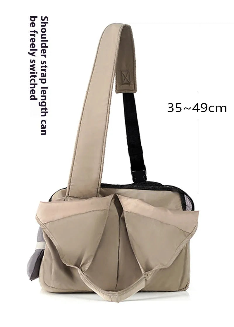 Apricot cloth pet handbag measuring 41cm long for carrying small dogs or cats