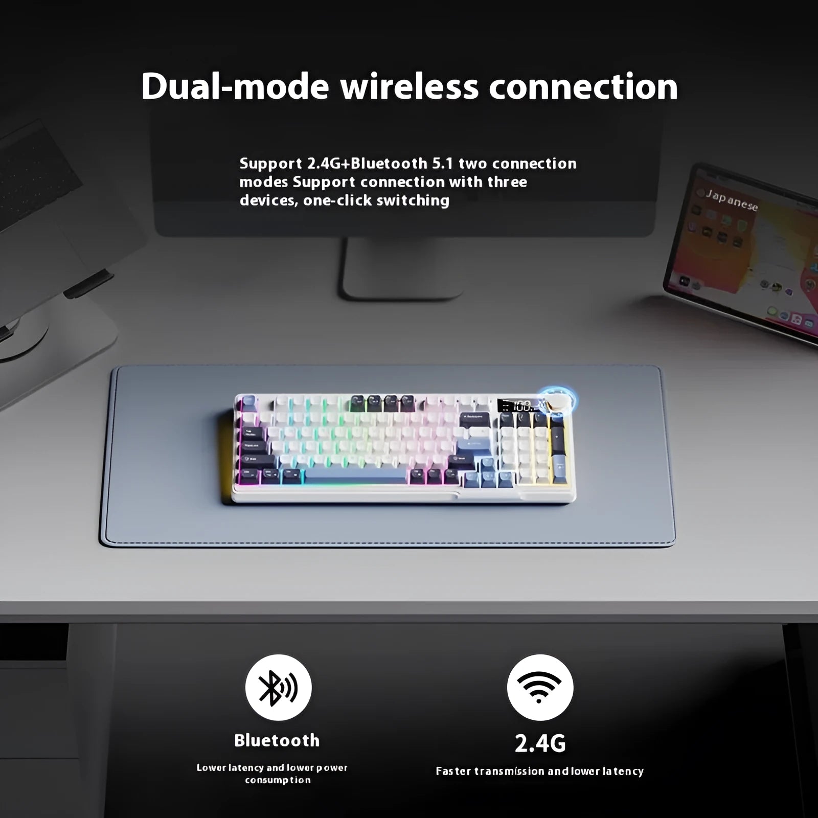 Wireless mechanical feel keyboard and mouse combo in blue white colour scheme showing 94-key layout