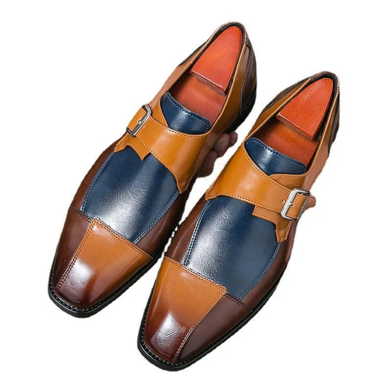 Men's brown-blue retro buckle casual leather shoes with tall crown design
