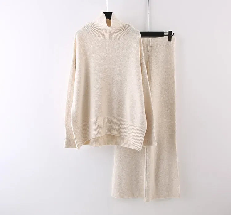 Women's milky white acrylic fibre sweater and wide-leg trousers two-piece casual set.