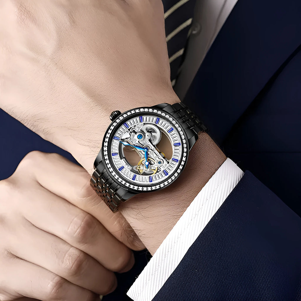 Men's mechanical watch with transparent case back showing movement, onion crown and leather strap