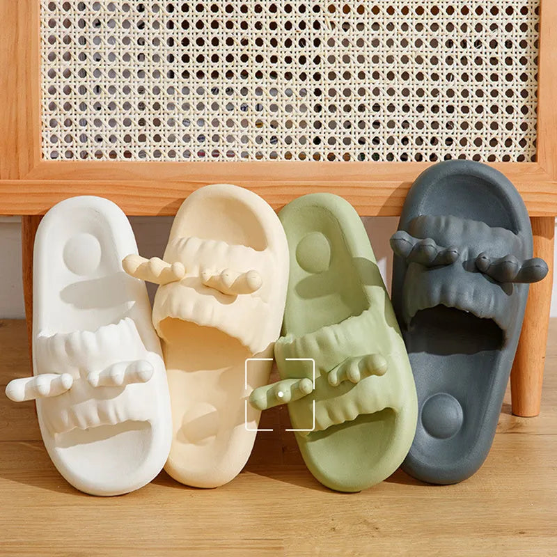 Deer horn pattern flip-flop slippers with non-slip EVA sole in white, light yellow, green, or dark grey