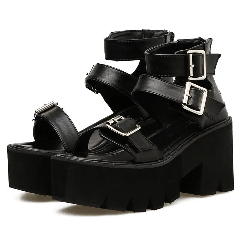 Black women's punk Harajuku street sandals with chunky heels, thick platform soles, round toes, decorative buckle, and back zipper closure