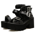 Black women's punk Harajuku street sandals with chunky heels, thick platform soles, round toes, decorative buckle, and back zipper closure