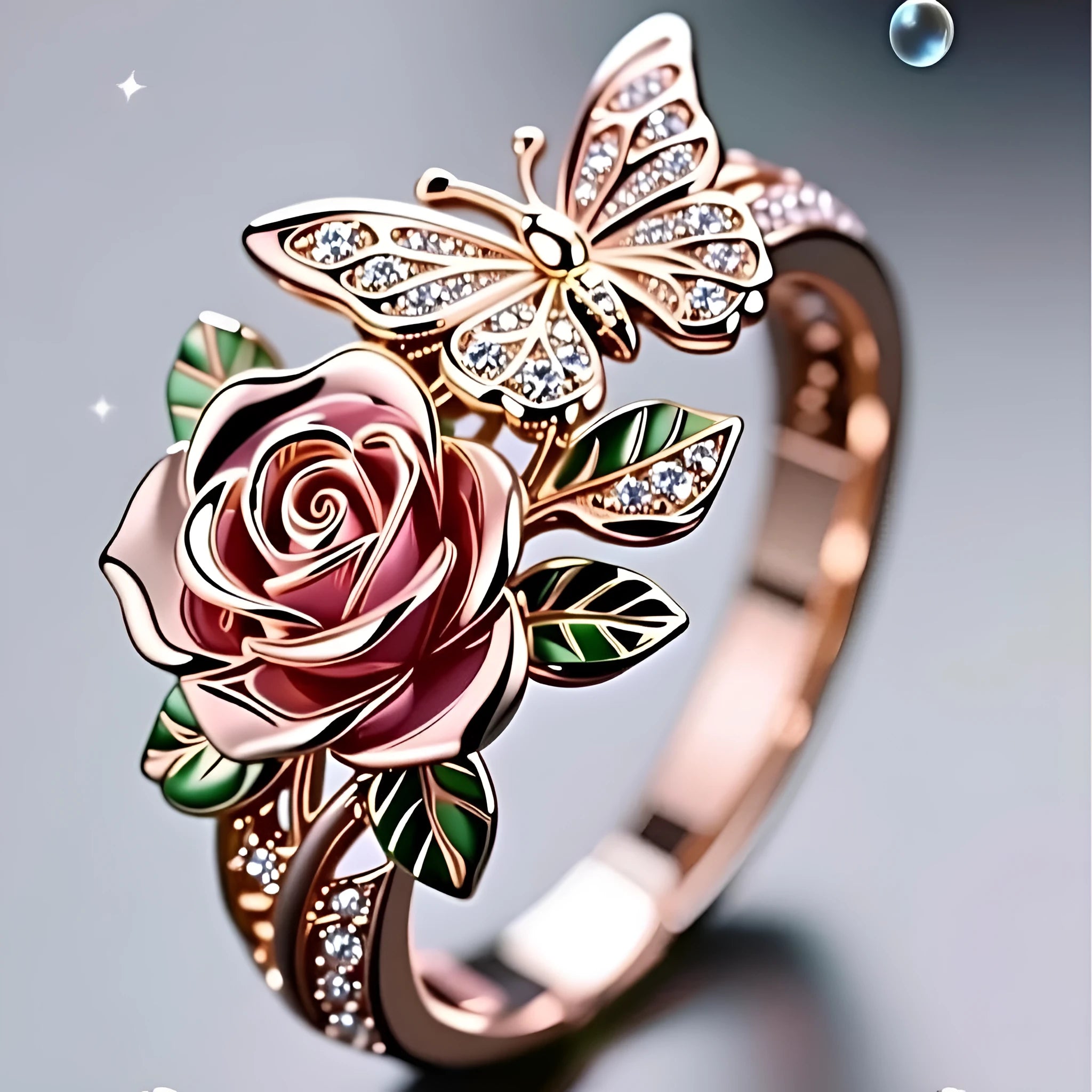 Adjustable fairy style butterfly ring with colourful oil-dipped effect and floral modelling