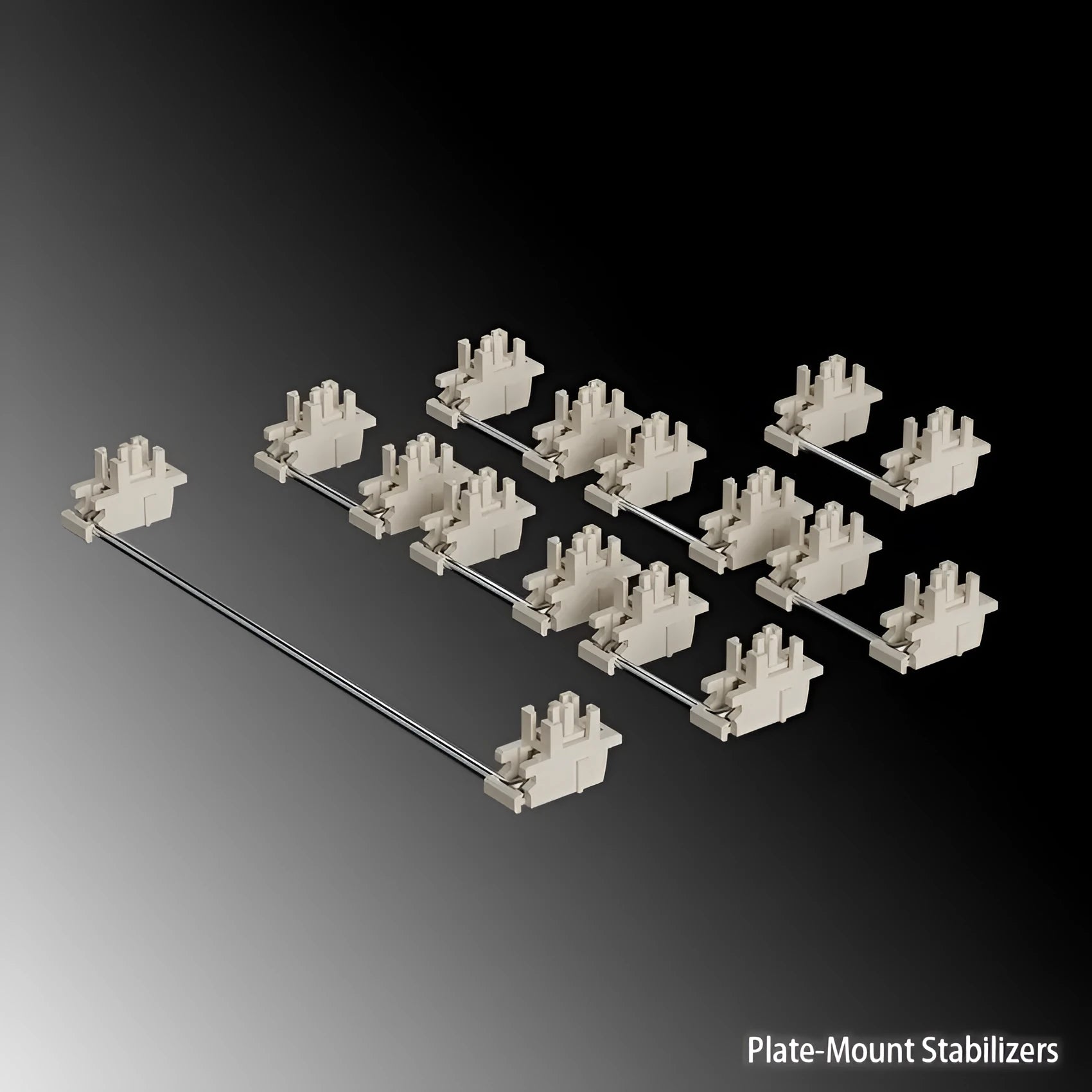 Mechanical keyboard stabiliser kit showing black and milky white stabiliser components with 6.25U and 7U satellite axes
