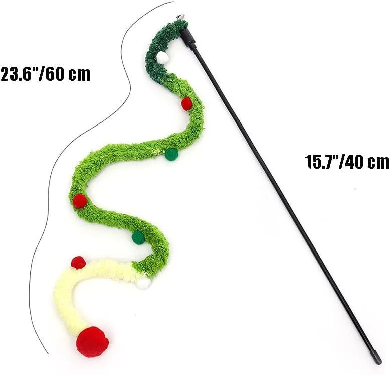 Interactive cat wand toy with a long blue plush strip, fluffy ball, and bells on a stick.