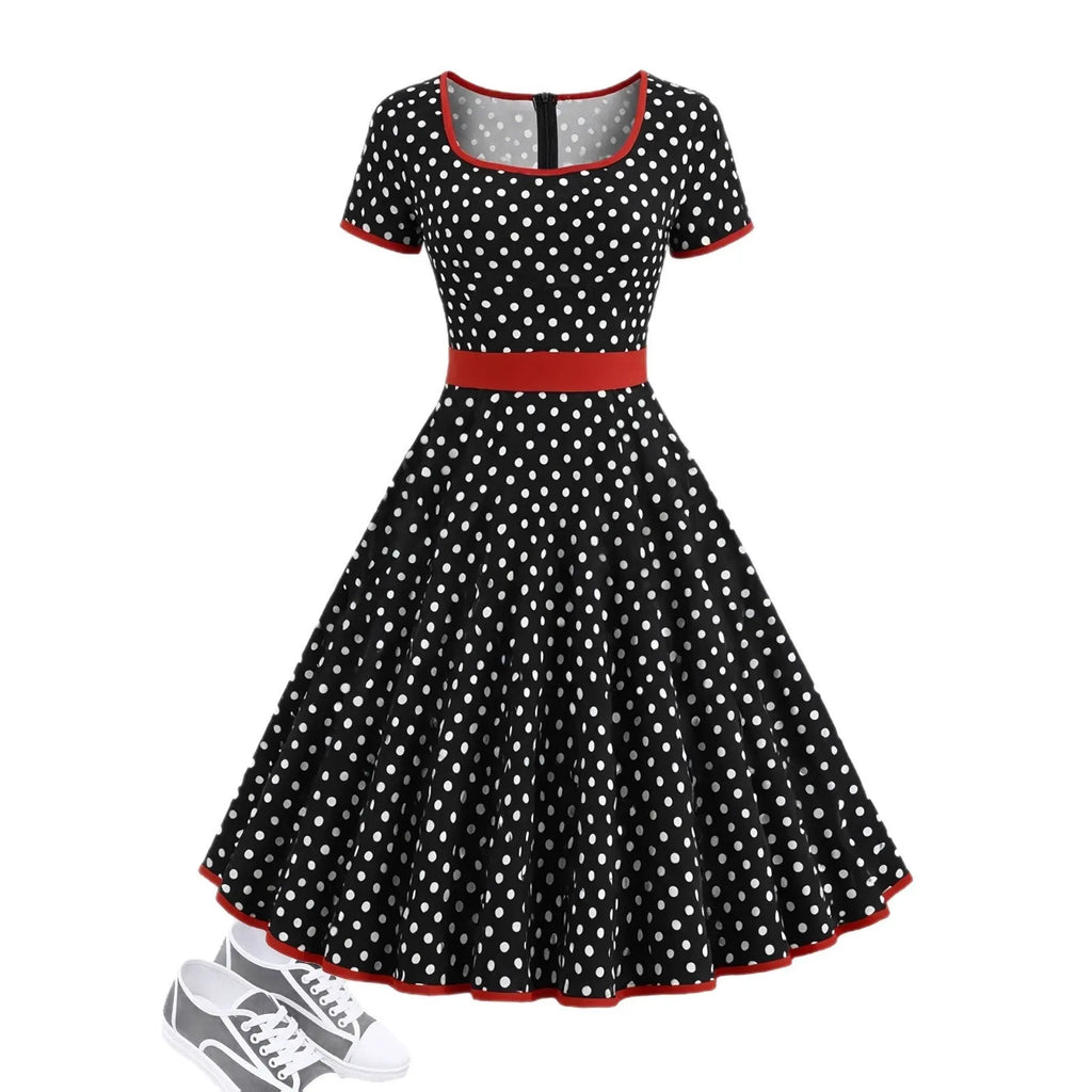 Women's square collar polka dot dress with front zipper and pleated midi skirt