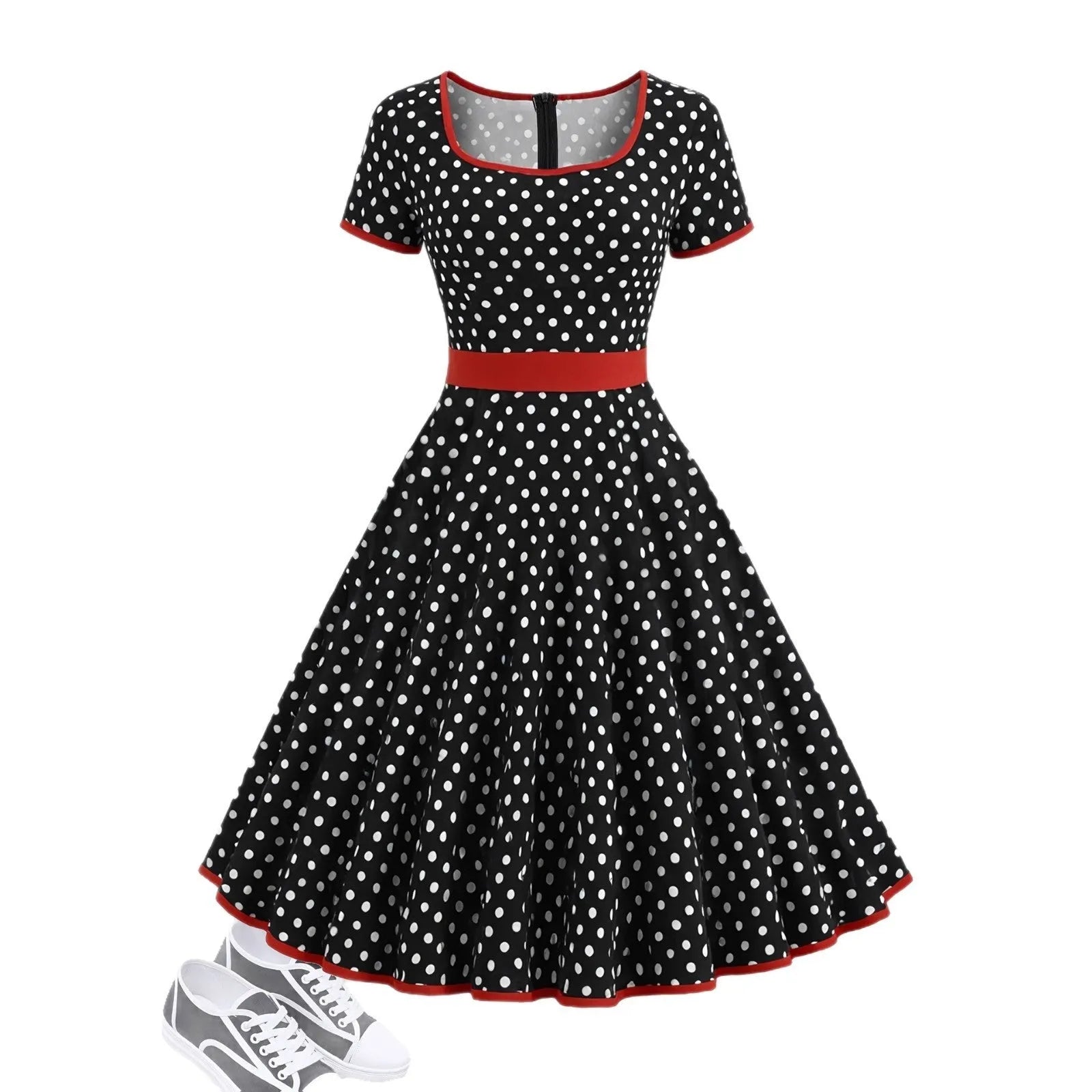 Women's square collar polka dot dress with front zipper and pleated midi skirt