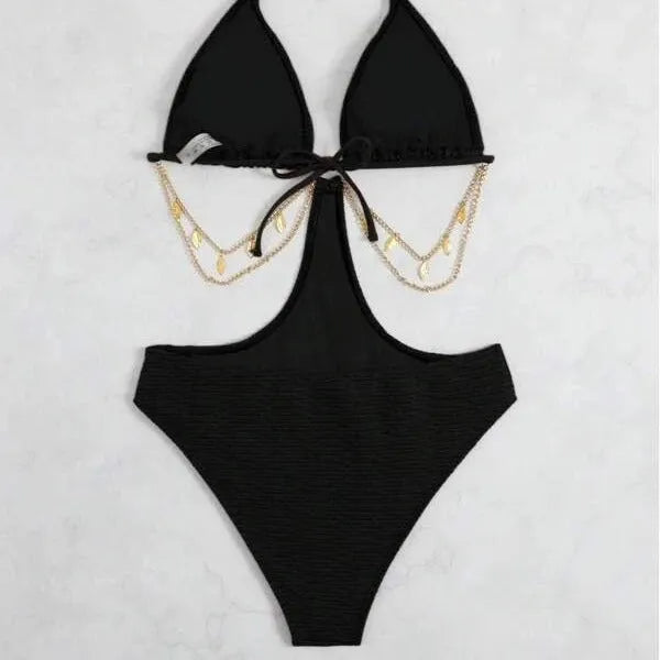 Women's chain design bikini swimsuit in polyester fabric showing black, dark brown and emerald green colour options