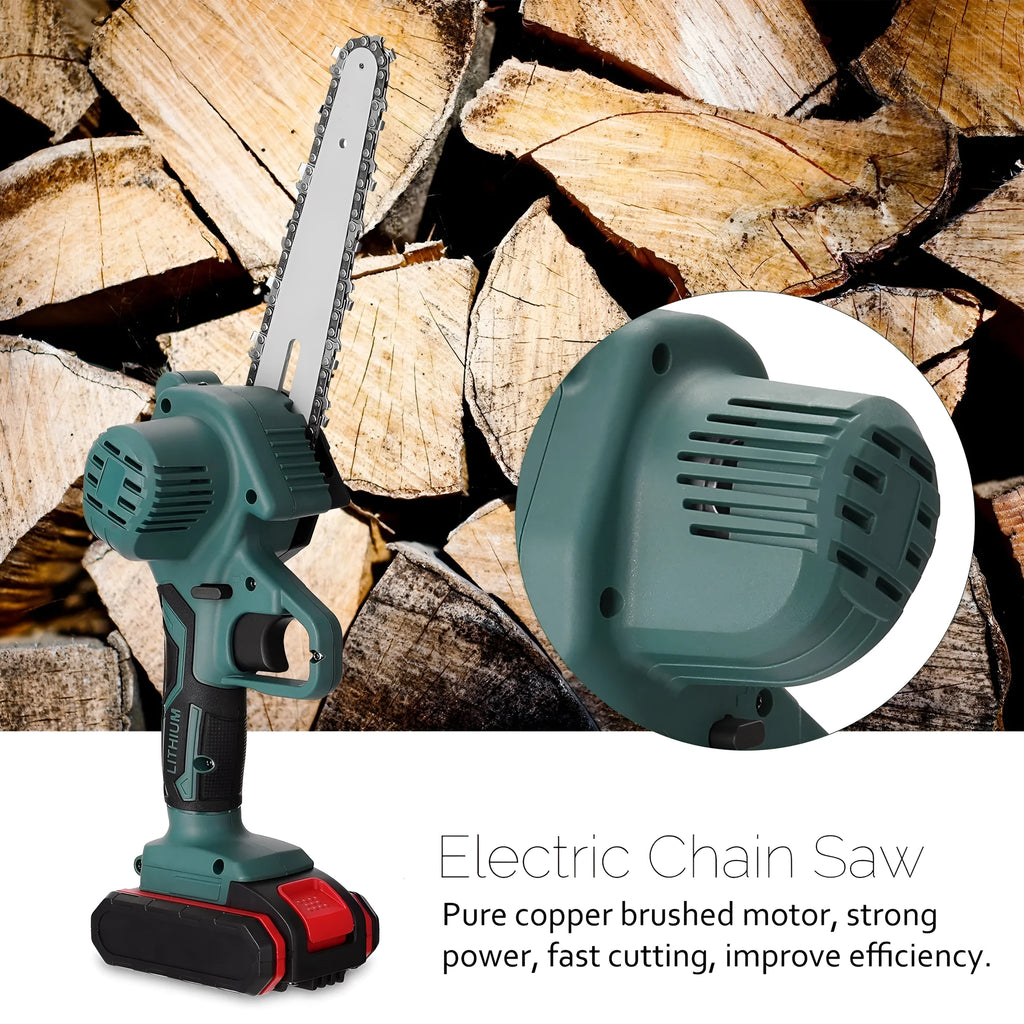 Black mini electric chainsaw with 4-inch guide bar and lithium battery, shown on a wooden log.