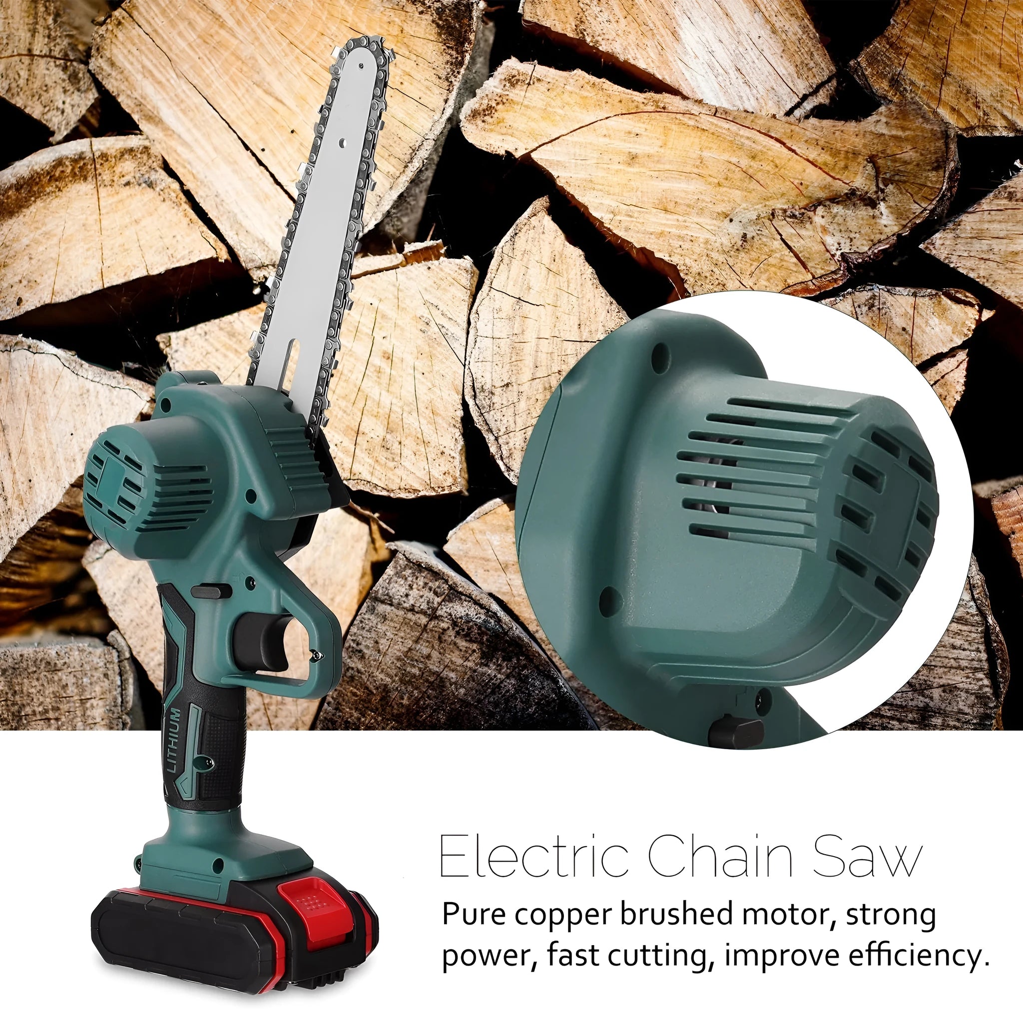Black mini electric chainsaw with 4-inch guide bar and lithium battery, shown on a wooden log.