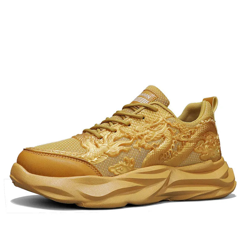 Chinese Loong pattern casual sneakers with fly knit upper and rubber sole